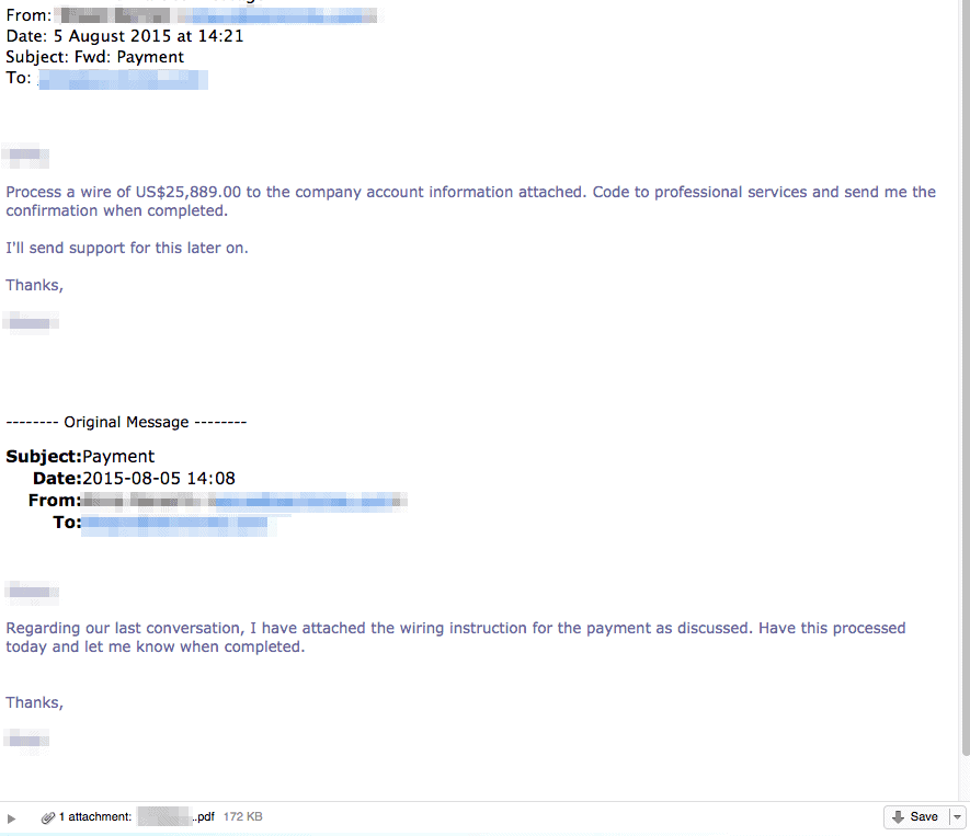 Example of email scam from FBI warning.